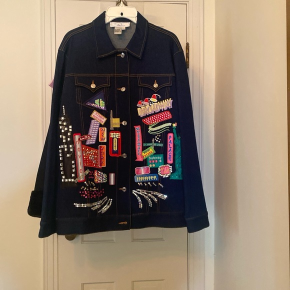 Diane GilmuColorful Embellished Denim Jacket NYC themed L - Picture 2 of 13